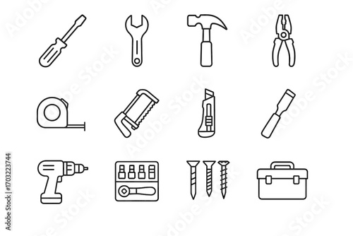 Wrench hammer grid vector toolbox icon hacksaw tool tape measure utility drill