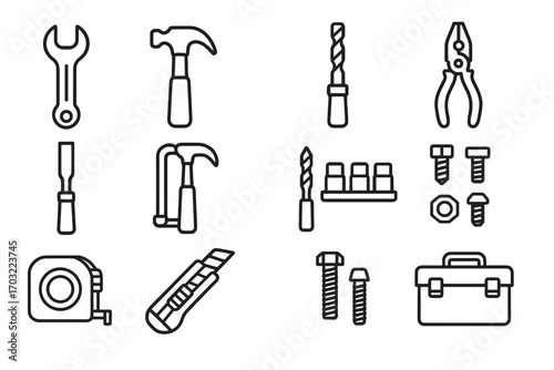 Tape icons set vector knife bit measure pliers organizer chisel icon utility