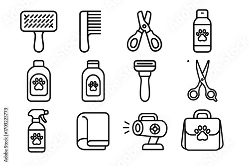 Dryer bag grooming bottle essentials conditioner icon brush pet grinder vector slicker