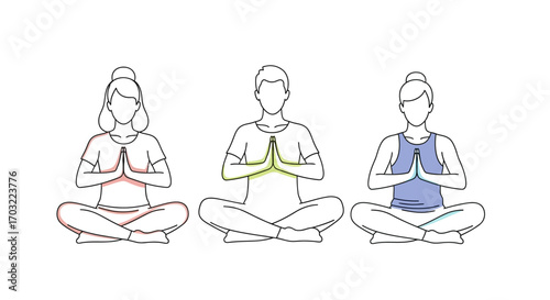 Three people in colorful outline meditating peacefully in a yoga pose, promoting wellness and mindfulness.
