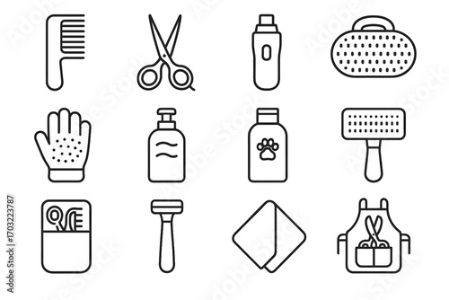 Apron icons shampoo comb grooming icon vector towel bottle glove brush pet