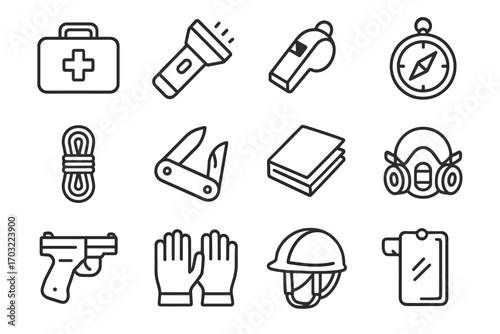 Vector protective signaling emer icon survival gun gloves mirror helmet mask