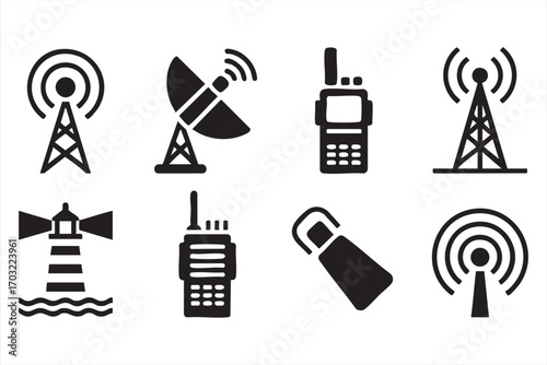 Vector communication illustration pack including walkie talkie lighthouse and loudspeaker