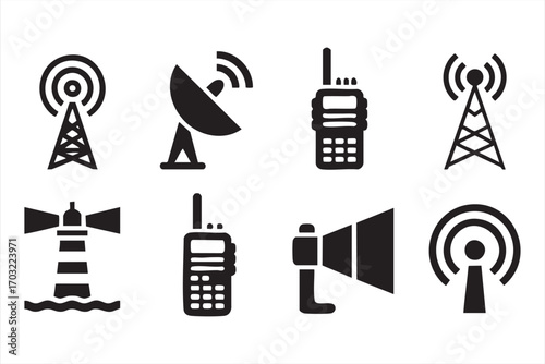 Communication and signal icons vector set with radio tower satellite and antenna symbols