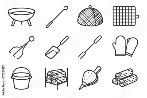 Bucket pit fire vector icon log skewer wood mesh outdoor ash scoop