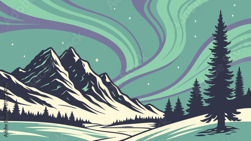 Majestic snow-capped mountains under a vibrant aurora borealis sky.