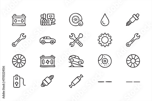 Vector automotive illustration pack including spark plug brake disc and oil symbols