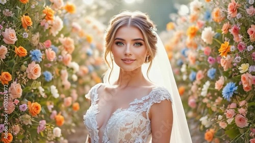 Radiant Bride: A portrait of an elegant bride, adorned in a stunning gown and veil, stands amidst a vibrant flower garden, capturing the beauty of new beginnings.