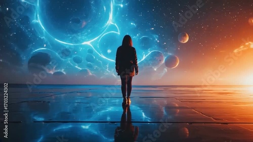Cosmic Journey: A solitary figure embarks on an ethereal odyssey, silhouetted against the backdrop of a vibrant nebula, as celestial bodies dance and swirl.