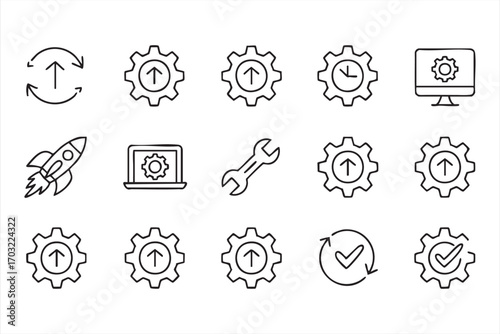 System update and settings icons vector set with gears wrench rocket and laptop