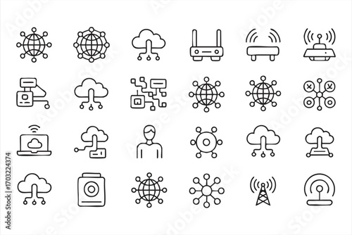 Global network icons collection including cloud router globe and communication design