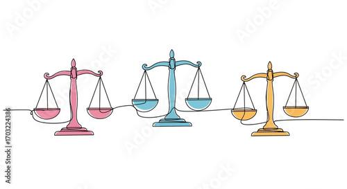 Three colorful balance scales symbolizing justice, fairness, and equality in a clean, minimalist design.