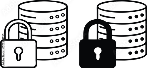 Data Protected Icons. Black and White Vector Illustration. Padlock and Database. Information Safely Stored, Safe from Unauthorized Access, Loss, or Disclosure. Password and Data Security Concept

