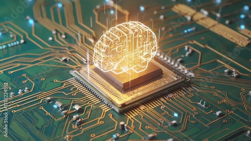 Digital Brain Circuitry: A vibrant digital rendering presents a glowing brain overlaid upon a circuit board, representing the confluence of human intellect and advanced technology.