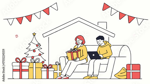 Couple enjoying Christmas gifts and technology at home.