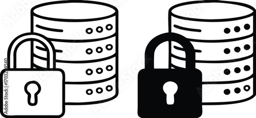 Data Protected Icons. Black and White Vector Illustration. Padlock and Database. Information Safely Stored, Safe from Unauthorized Access, Loss, or Disclosure. Password and Data Security Concept


