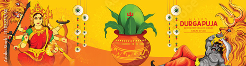 Navratri Festival Greeting Poster With Durga Arms, Couple Playing Garba and Dandiya in Navratri Celebration