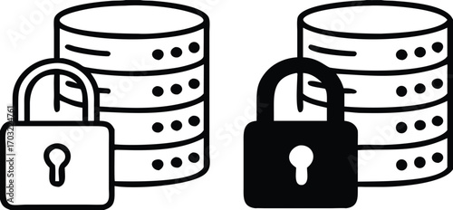 Data Protected Icons. Black and White Vector Illustration. Padlock and Database. Information Safely Stored, Safe from Unauthorized Access, Loss, or Disclosure. Password and Data Security Concept

