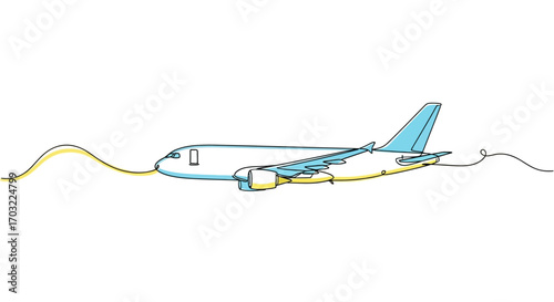 Streamlined passenger jet with flowing yellow and blue lines suggesting speed and travel.