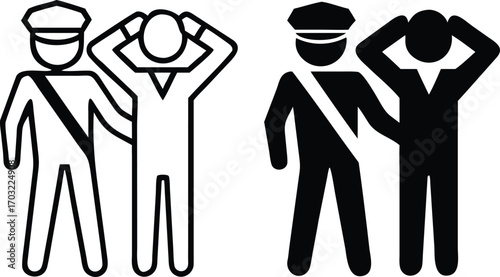 Arrest Icons. Black and White Vector Illustrations. Policeman Detains Offender. Temporary Restriction of Rights of an Individual. Justice Concept

