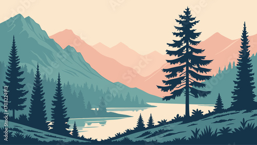 Majestic Pine Trees Silhouette Against a Serene Mountain Lake Landscape.