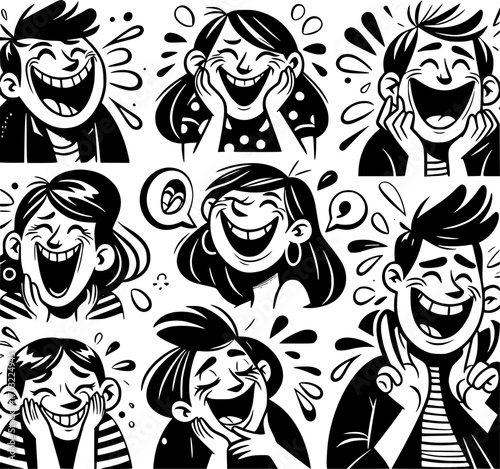 Minimalist black and white vector of cheerful cartoon characters laughing, humorous everyday scenes with bold outlines and playful expressions