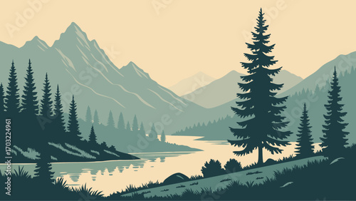 Majestic pine trees stand tall by a serene lake, surrounded by towering mountains.