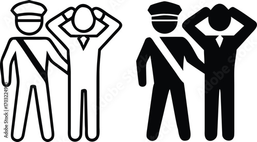 Arrest Icons. Black and White Vector Illustrations. Policeman Detains Offender. Temporary Restriction of Rights of an Individual. Justice Concept


