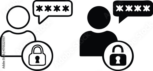 User Icons. Black And White Vector Illustration. Person Interacting With a Computer System, Software, Or Website. Password And Data Security Concept

