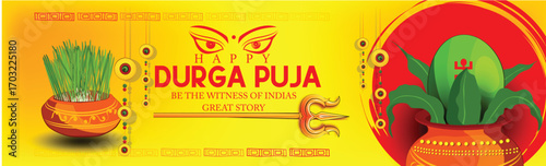 Navratri Festival Greeting Poster With Durga Arms, Couple Playing Garba and Dandiya in Navratri Celebration