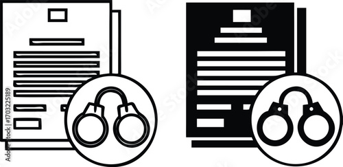Court Warrant Icons. Black and White Vector Illustration. Legal Document and Handcuffs. Written Court Order to Arrest or Search a Suspect. Justice Concept


