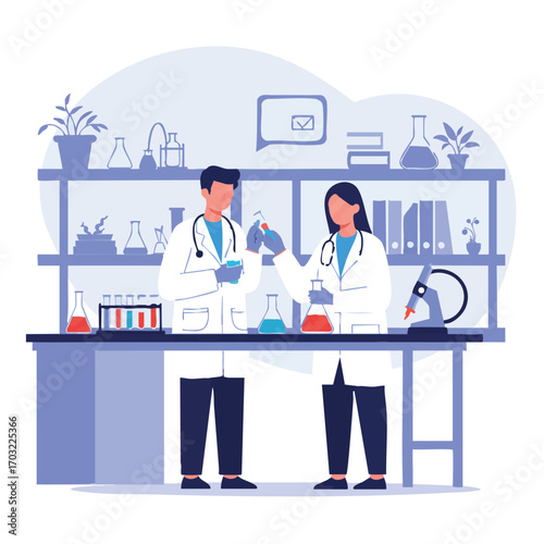 Male and female scientists in lab coats conducting research in a modern chemical laboratory with equipment.