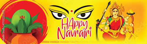 Navratri Festival Greeting Poster With Durga Arms, Couple Playing Garba and Dandiya in Navratri Celebration