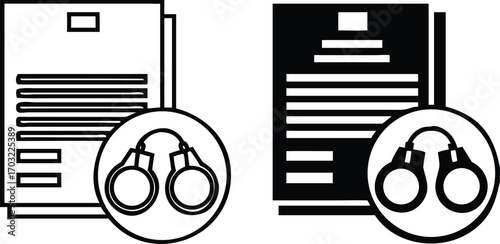 Court Warrant Icons. Black and White Vector Illustration. Legal Document and Handcuffs. Written Court Order to Arrest or Search a Suspect. Justice Concept

