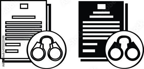 Court Warrant Icons. Black and White Vector Illustration. Legal Document and Handcuffs. Written Court Order to Arrest or Search a Suspect. Justice Concept

