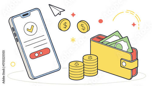 Mobile payment and digital wallet with cash and coins illustration.