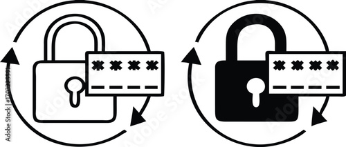 Change Password Icons. Black and White Vector Illustration. Padlock and Hidden Code. User Action to Protect Your Account. Password and Data Security Concept

