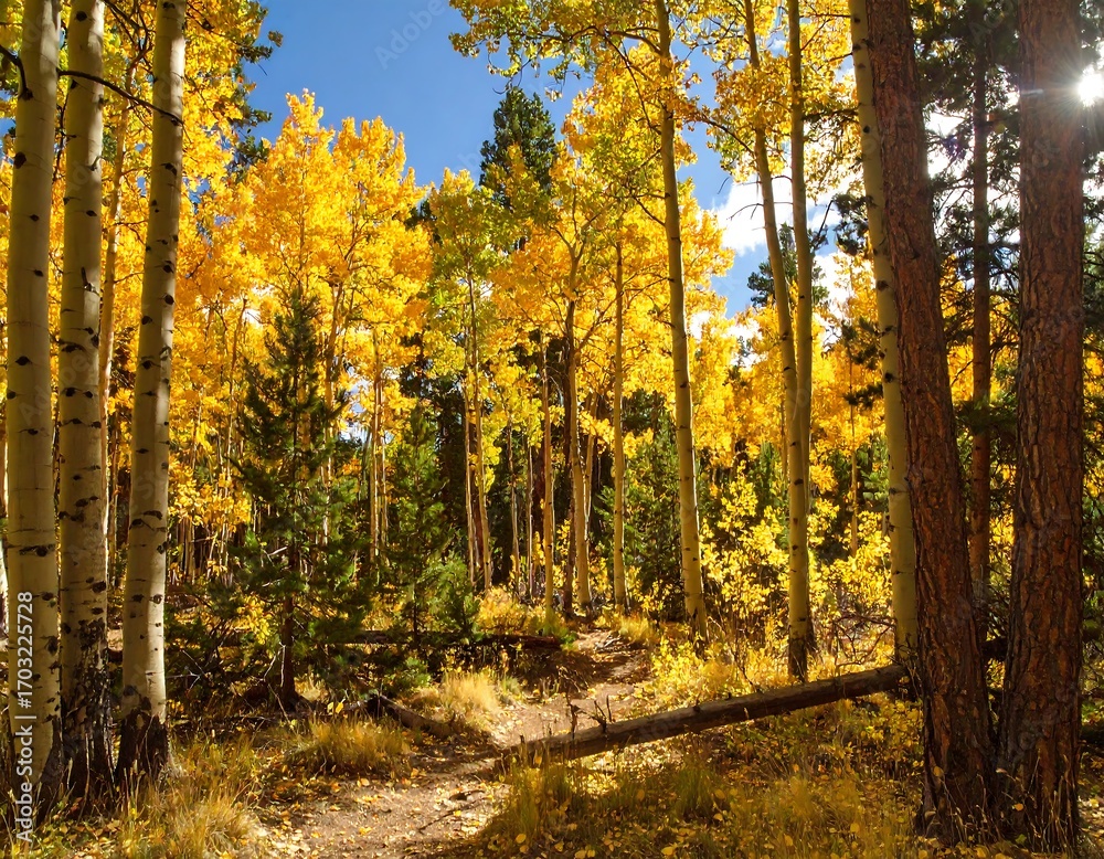 Fototapeta premium Autumn forest path bathed in sunlight
