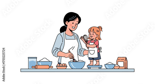 Mother and daughter baking together in the kitchen.