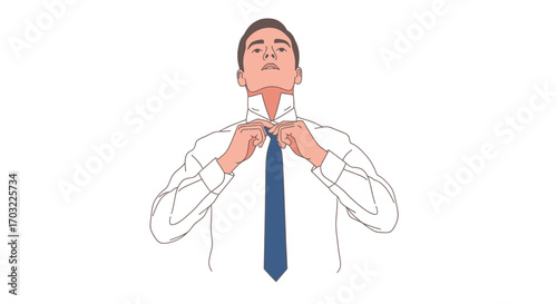 Man adjusting tie, focused on the main subject, business attire.