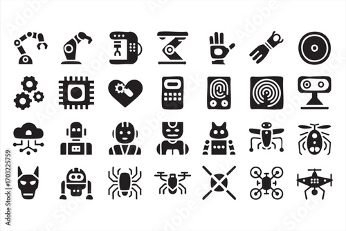 Technology icons collection featuring robots drones gears and artificial intelligence
