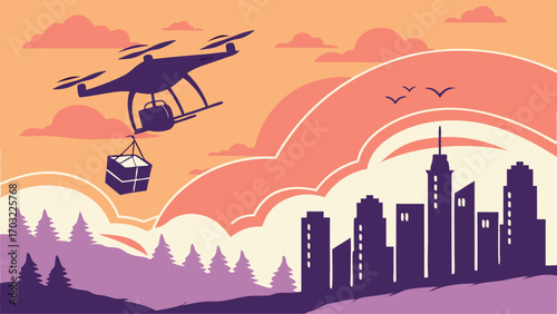 Drone delivering package over futuristic city skyline and forest.