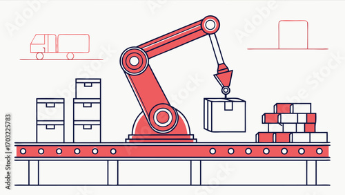 Automated Assembly Line with Robotic Arm Lifting Boxes.