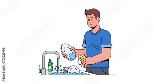 Man Washing Dishes in Kitchen Sink.