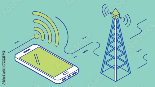 Cell phone communicating with a cell tower for wireless signal.