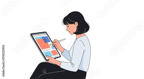 Woman using stylus on tablet, digital art.