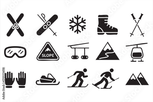 Ski resort icons vector set with cable car snowboarder and alpine adventure elements
