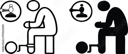 Guilty Icons. Black and White Vector Illustrations. Criminal in Handcuffs and Judge's Gavel. Man Who Committed a Crime. Justice Concept

