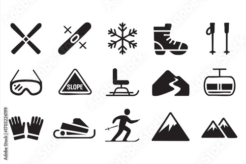 Winter sports symbols collection including gloves goggles athlete and mountain peaks