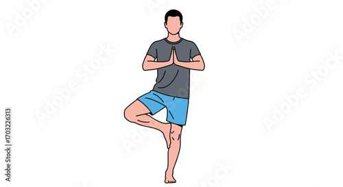 Man practicing yoga in the Tree Pose Vrksasana.